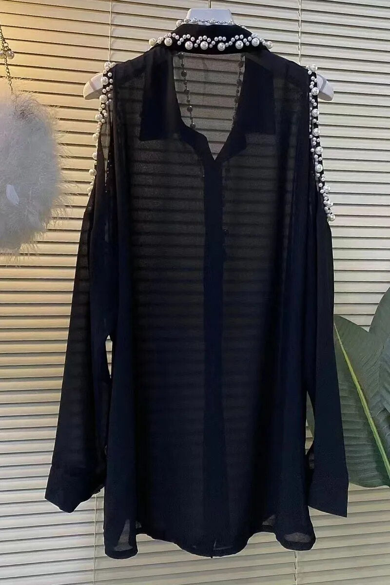 Xakxx - Mid-Length Long Sleeve Beaded Off-Shoulder Black Chiffon Blouse Women Summer New Clothes Large Size Loose Oversized Shirt Dress