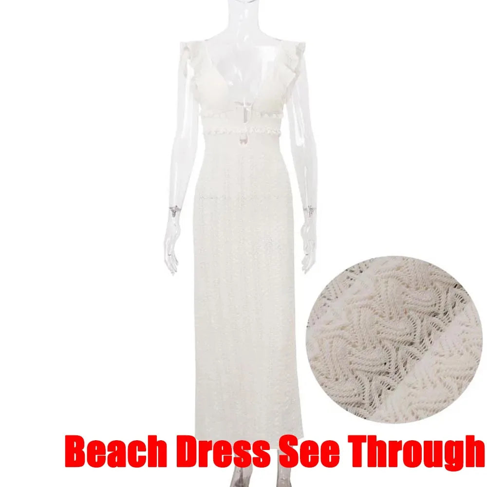 Apricot Hollow Out Maxi Dress Women Sexy See Through Backless Slim Beach Dress Summer Fashion Ruffle Holiday Party Dress xakxx