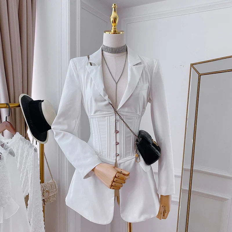 xakxx New Fashion Runway All Season Women Notched Long Sleeve Coat Metal Button Waist Shaping Black White Corset Blazer