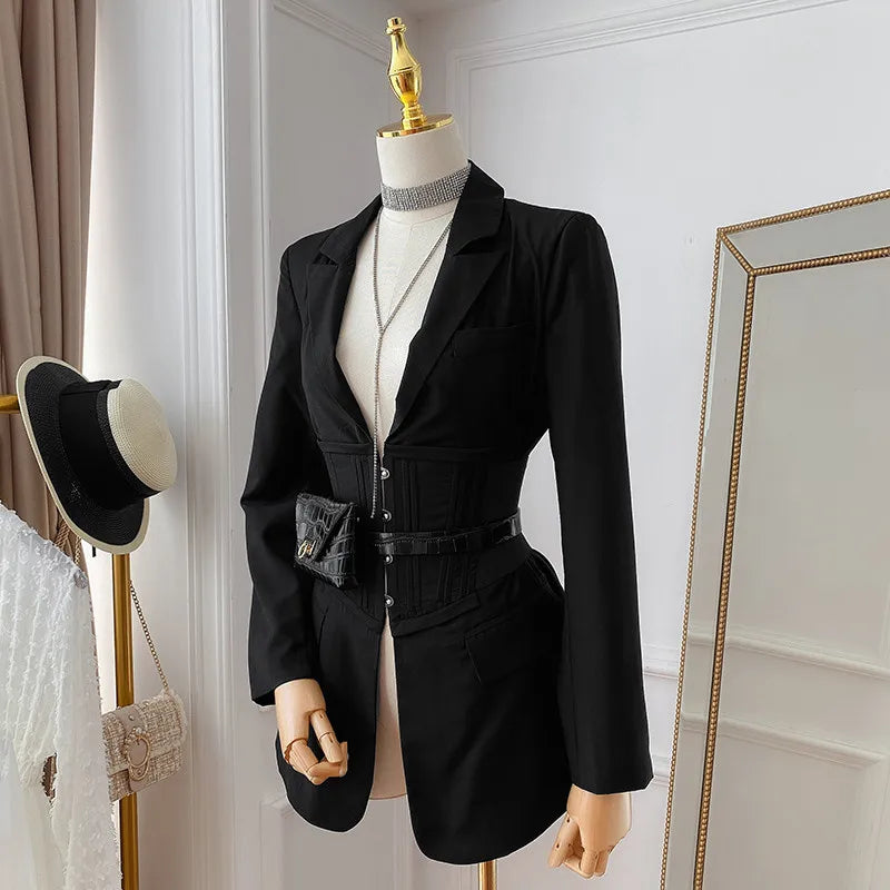xakxx New Fashion Runway All Season Women Notched Long Sleeve Coat Metal Button Waist Shaping Black White Corset Blazer