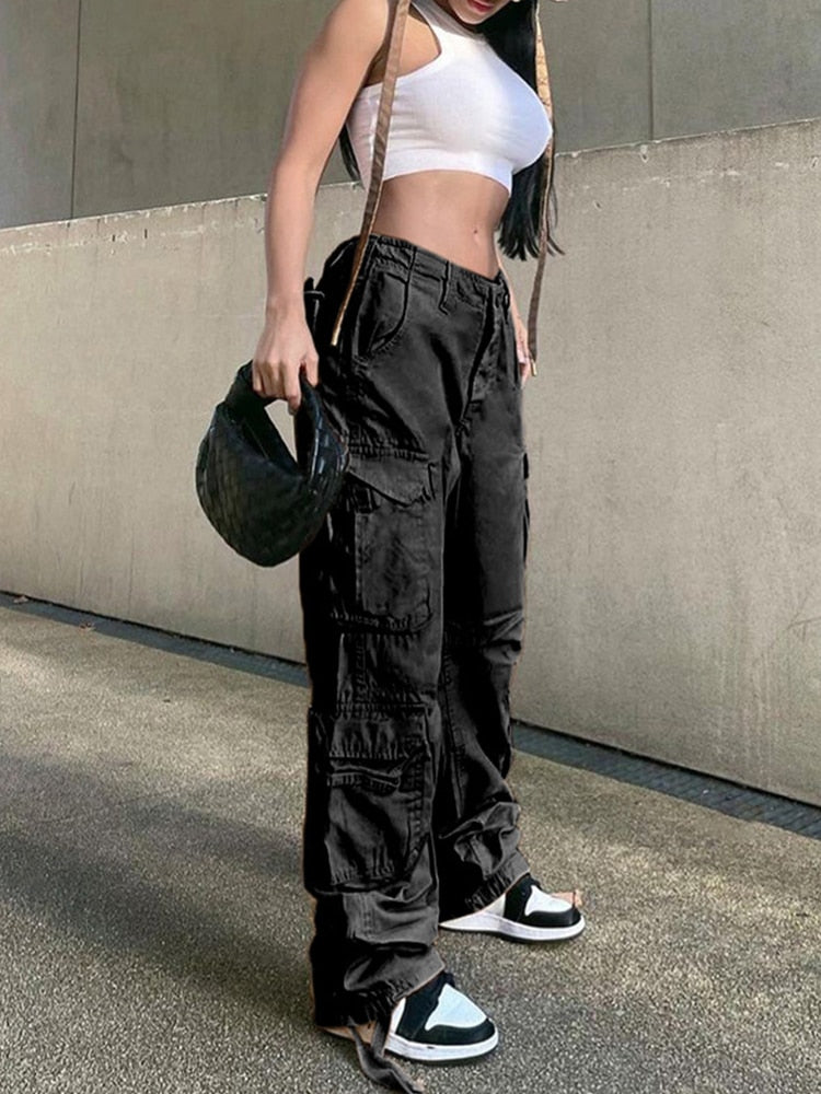 Purpdrank - 2023 New Vintage Cargo Pants Baggy Jeans Women Fashion 90s Streetwear Pockets Wide Leg High Waist Straight Y2k Denim Trousers Overalls