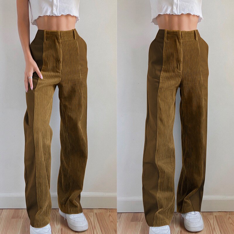 Purpdrank - 2023 Spring Women Pants Fashion Contrast Color Corduroy Long Straight Trousers Streetwear Y2K Ladies Bottoms