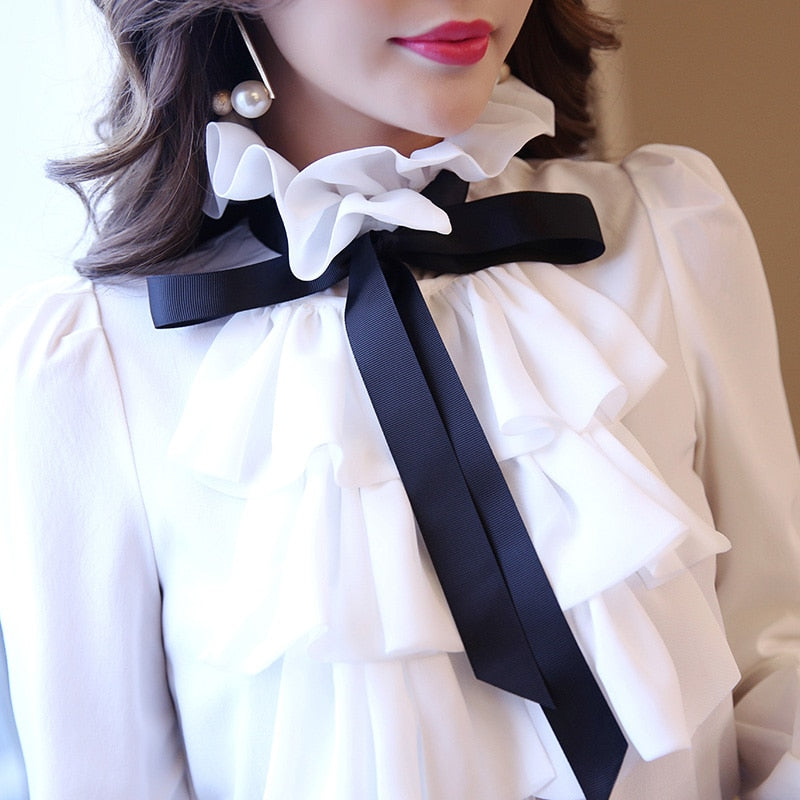 Xakxx - New Women blouse tops White Ruffles Bow Long Sleeve Chiffon Blouse 2023 New Work Wear Office Blusas Femininas ladies shirt 570A