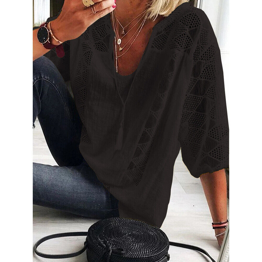 Xakxx - Women's blouse 2023 Spring/Summer Cotton Lace Shirt Spliced U Neck 3/4 Sleeve Top Women's Solid Loose Blouse