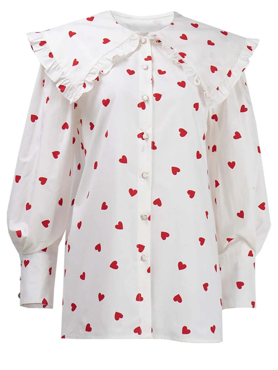 Women Oversize Shirt Big Peter Pan Collar Ruffle Blouse Heart Print Long Sleeve Cotton Shirts Tops Female Summer Frill Blusa