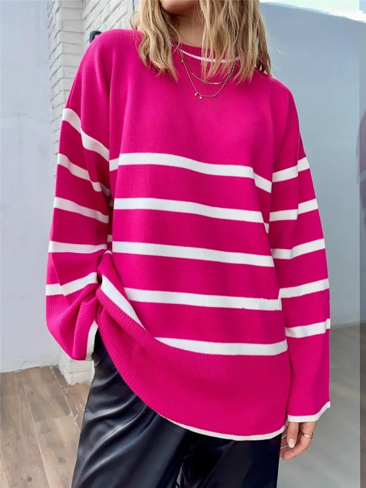 Autumn Winter Elegant Striped Oversize Women's Sweater New O-Neck Long Sleeve Casual Loose Knitwear Sweaters Female