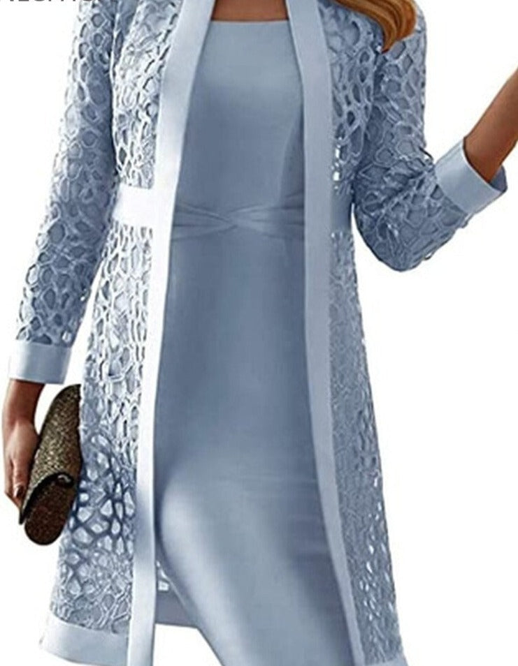Purpdrank - Two Piece Dress Women Long Sleeve Knee Length Jacket Mother of The Bride Dresses Formal Party Evening Gown Dress Fashion