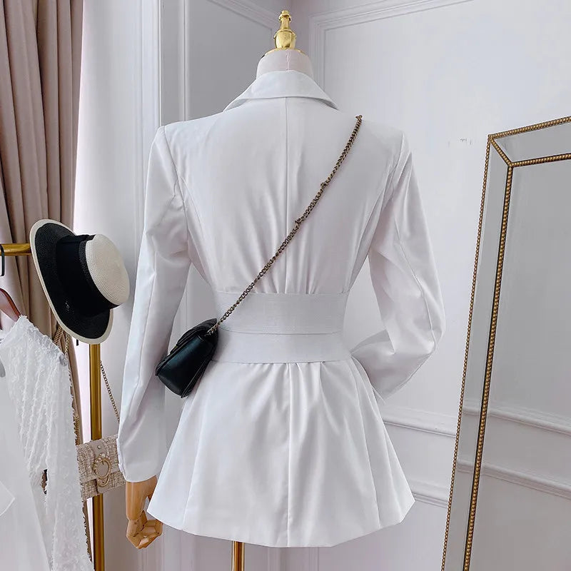 xakxx New Fashion Runway All Season Women Notched Long Sleeve Coat Metal Button Waist Shaping Black White Corset Blazer