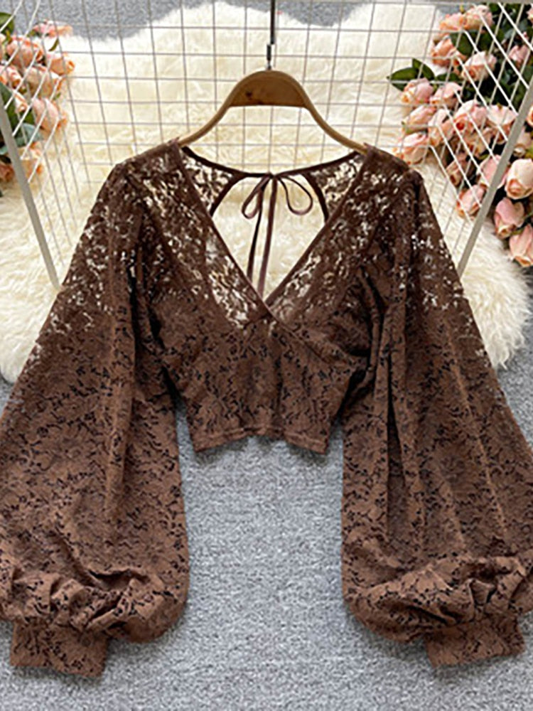Xakxx - Autumn Black/White/Brown Sexy Lace Blouse Women Elegant V-Neck Puff Long Sleeve Open Back Short Tops Female Party Blusas 2023