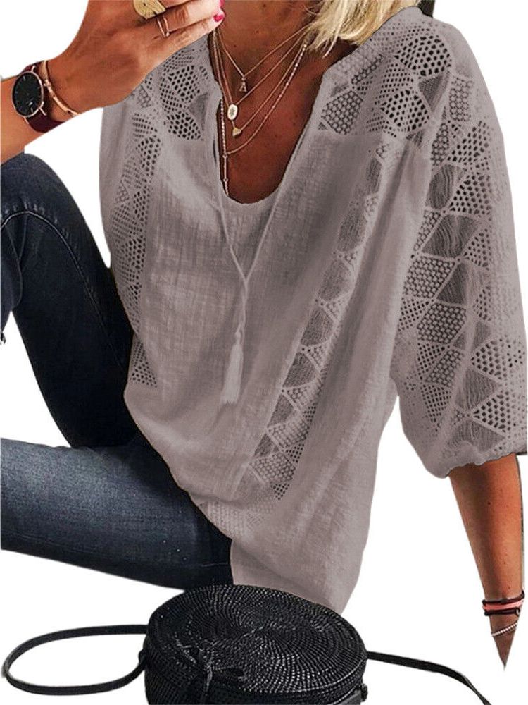 Xakxx - Women's blouse 2023 Spring/Summer Cotton Lace Shirt Spliced U Neck 3/4 Sleeve Top Women's Solid Loose Blouse