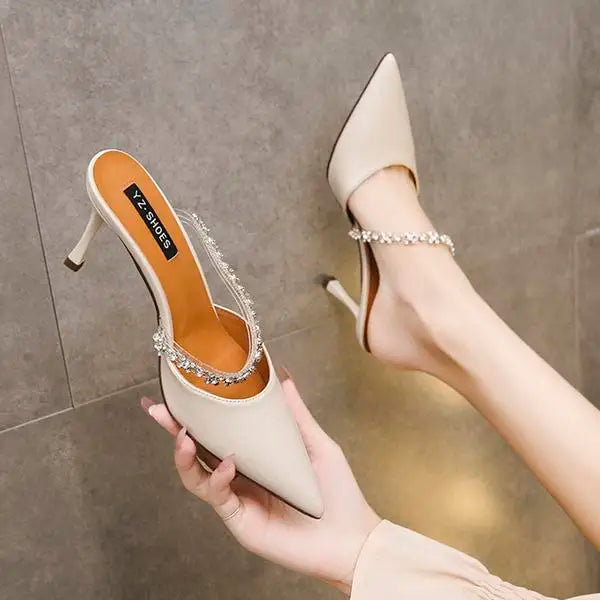 Beige Heeled Sandals Fashion Womens Shoes xakxx Med Shallow Mouth Black Pointed Luxury Block Closed Summer Medium Outside Comfort