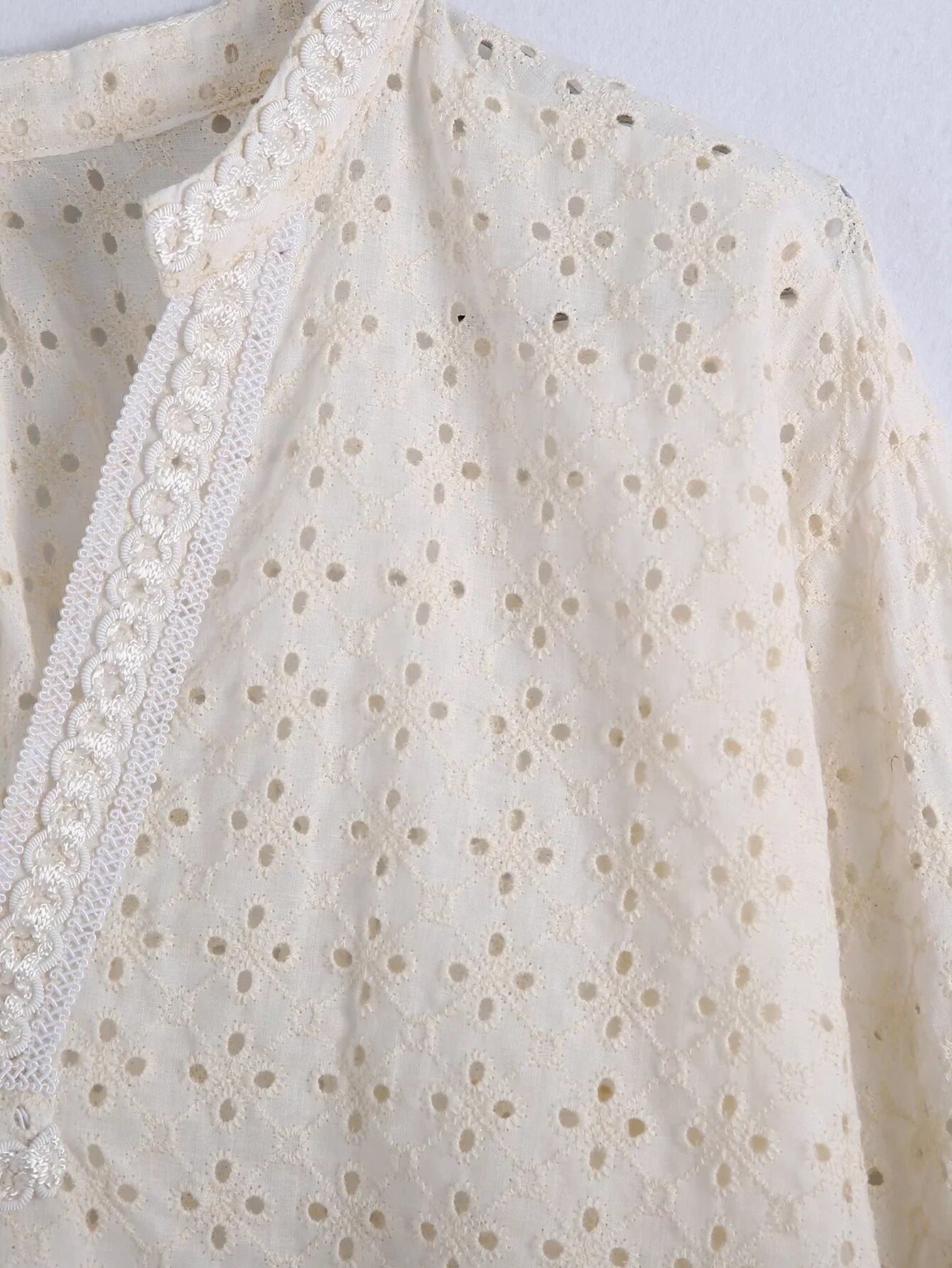 Xakxx - Embriodery Lace Cotton Blouse Shirt Women V Neck Vintage Hollow Out Tops Autumn Winter Casual Office Ladies Blouse Blusa