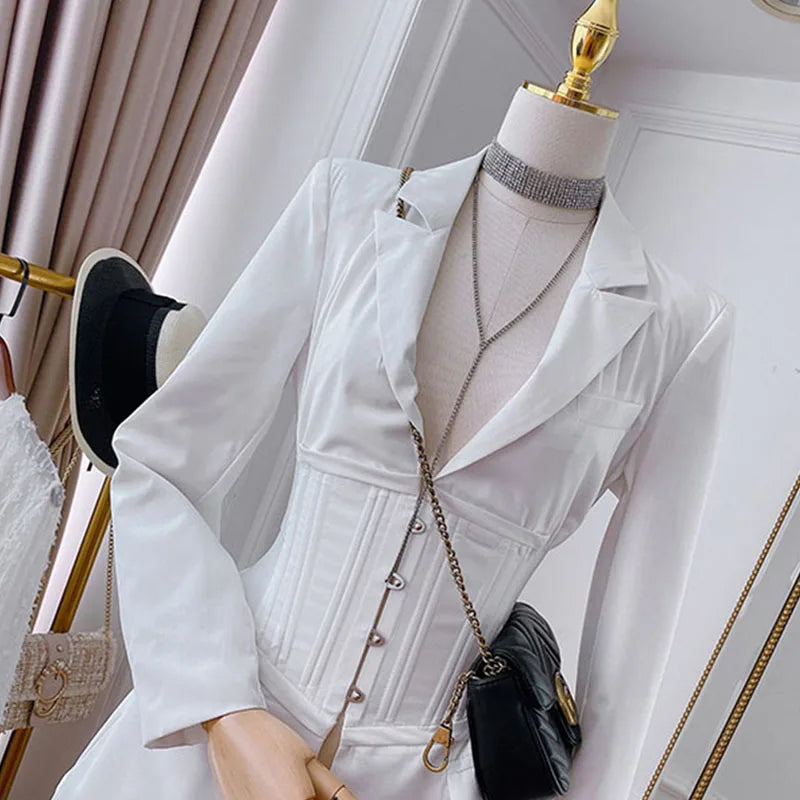 xakxx New Fashion Runway All Season Women Notched Long Sleeve Coat Metal Button Waist Shaping Black White Corset Blazer