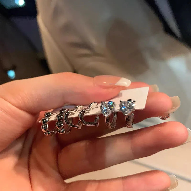 6Pcs New Goth Zircon Crystal Geometric Metal Heart Hoop Earrings For Women Vintage Y2K Accessories Aesthetic Jewelry