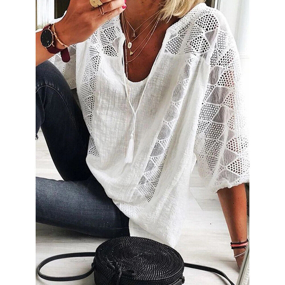 Xakxx - Women's blouse 2023 Spring/Summer Cotton Lace Shirt Spliced U Neck 3/4 Sleeve Top Women's Solid Loose Blouse