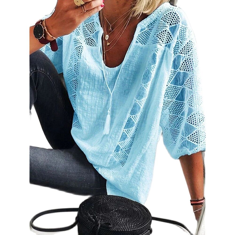 Xakxx - Women's blouse 2023 Spring/Summer Cotton Lace Shirt Spliced U Neck 3/4 Sleeve Top Women's Solid Loose Blouse