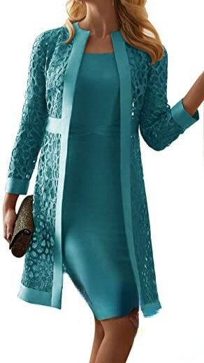 Purpdrank - Two Piece Dress Women Long Sleeve Knee Length Jacket Mother of The Bride Dresses Formal Party Evening Gown Dress Fashion