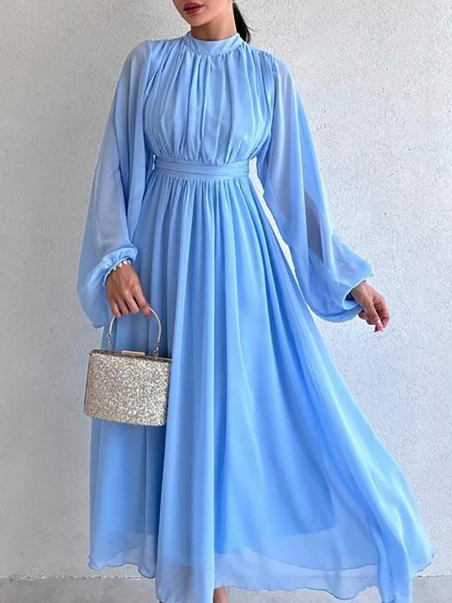 Beautiful Women's Dress Half High Collar Pleated Dresses with Long Sleeve Slim Elegant Black Chiffon Dress for Women xakxx Summer