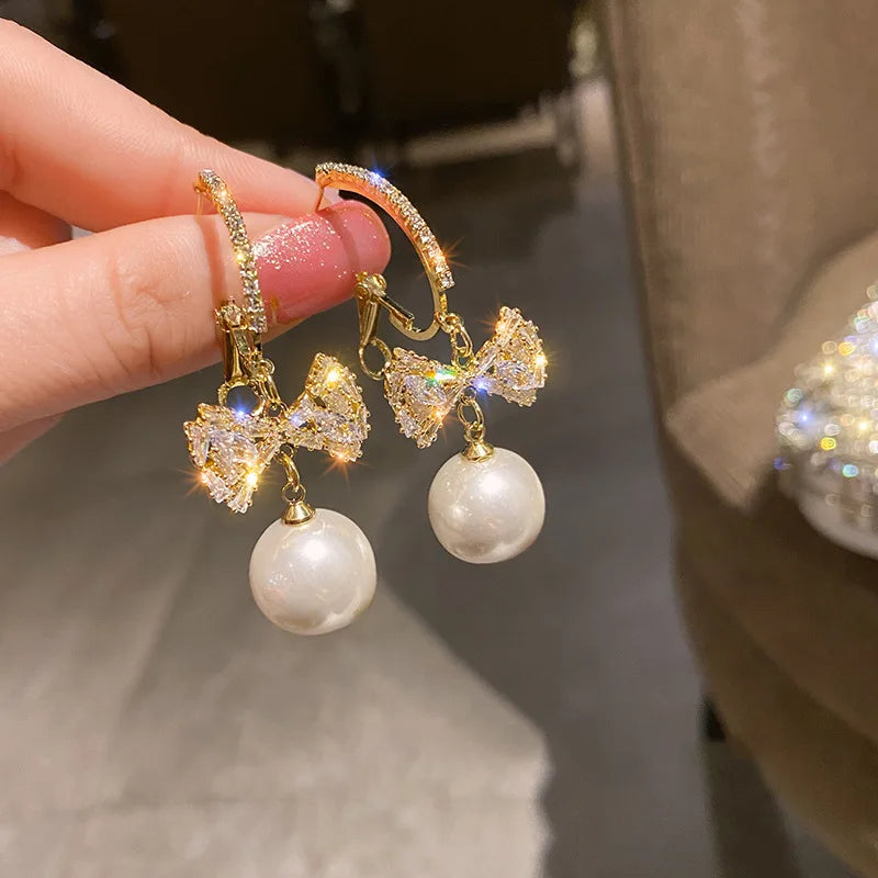 xakxx New Trend Simulation Pearl Long Earrings Women's Flower Rhinestone Wedding Pendant Earrings Fashion Korean Jewelry Earrings
