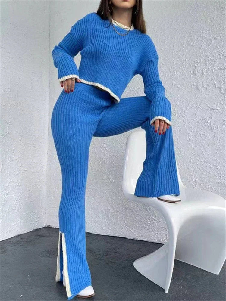 Autumn Winter 2 Pieces Women's Oufit Sets Knitted Tracksuit O-Neck Sweater and Wide Leg Jogging Pants Female Suits