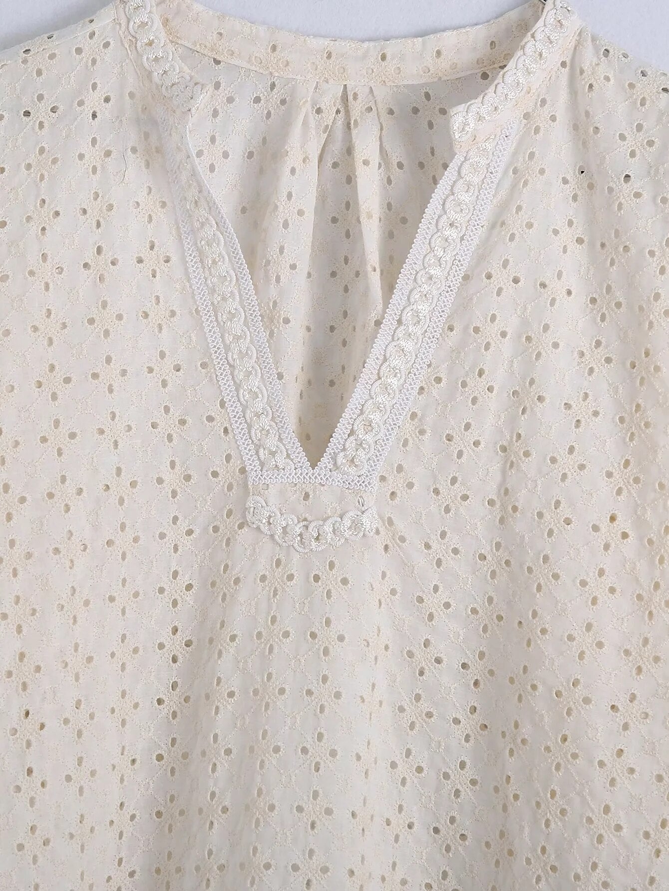Xakxx - Embriodery Lace Cotton Blouse Shirt Women V Neck Vintage Hollow Out Tops Autumn Winter Casual Office Ladies Blouse Blusa