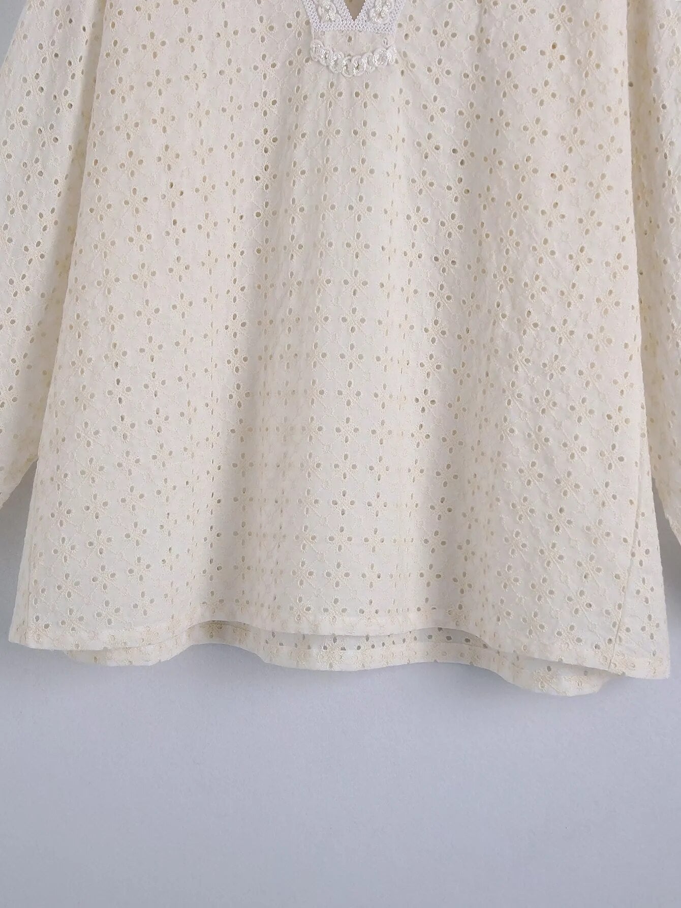 Xakxx - Embriodery Lace Cotton Blouse Shirt Women V Neck Vintage Hollow Out Tops Autumn Winter Casual Office Ladies Blouse Blusa