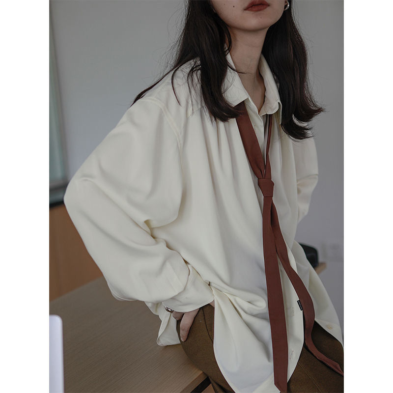 Xakxx - Vintage Women Blouse Oversized Harajuku Chic Basic Korean Style with Tie Long Sleeve Shirt Loose Aesthetic Retro Female