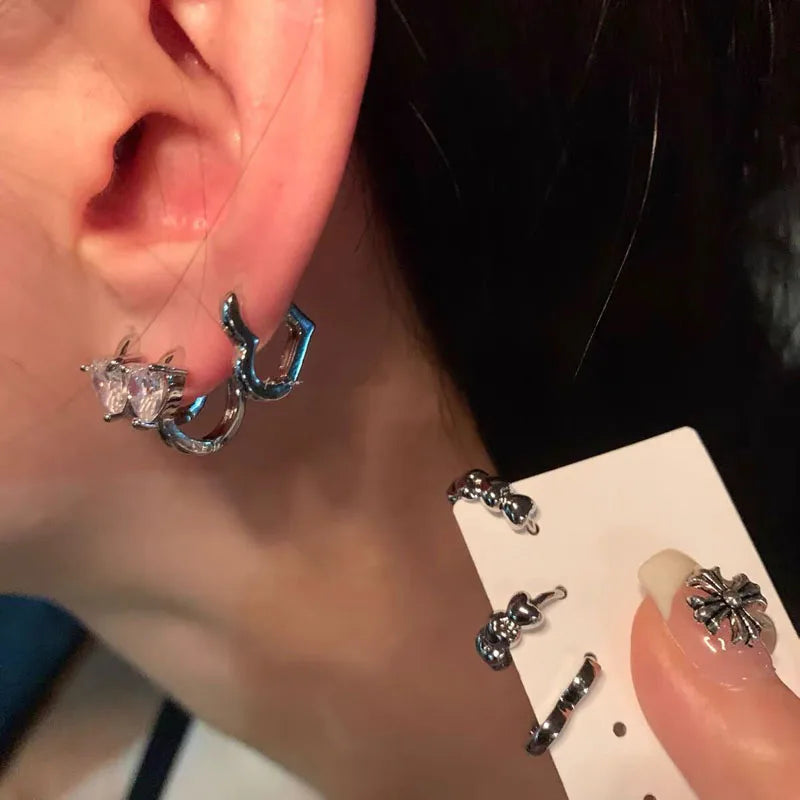 6Pcs New Goth Zircon Crystal Geometric Metal Heart Hoop Earrings For Women Vintage Y2K Accessories Aesthetic Jewelry