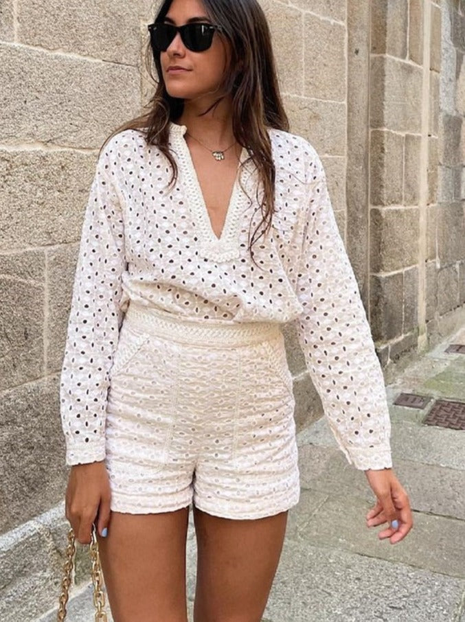 Xakxx - Embriodery Lace Cotton Blouse Shirt Women V Neck Vintage Hollow Out Tops Autumn Winter Casual Office Ladies Blouse Blusa
