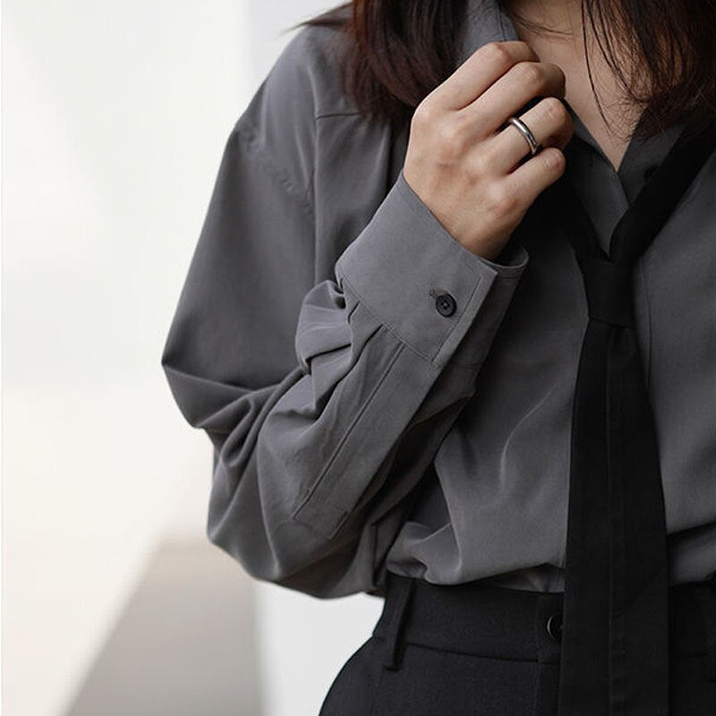 Xakxx - Vintage Women Blouse Oversized Harajuku Chic Basic Korean Style with Tie Long Sleeve Shirt Loose Aesthetic Retro Female