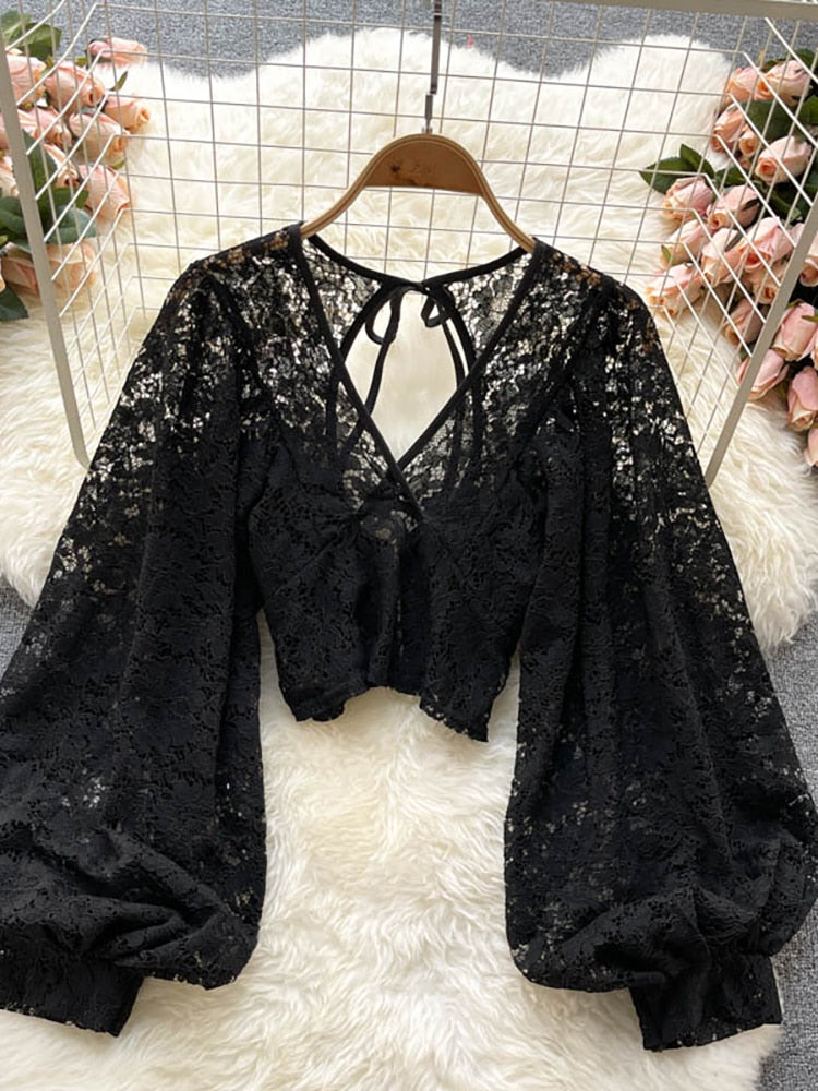 Xakxx - Autumn Black/White/Brown Sexy Lace Blouse Women Elegant V-Neck Puff Long Sleeve Open Back Short Tops Female Party Blusas 2023