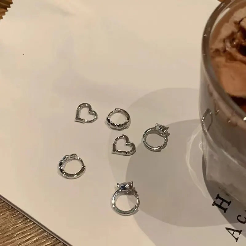 6Pcs New Goth Zircon Crystal Geometric Metal Heart Hoop Earrings For Women Vintage Y2K Accessories Aesthetic Jewelry