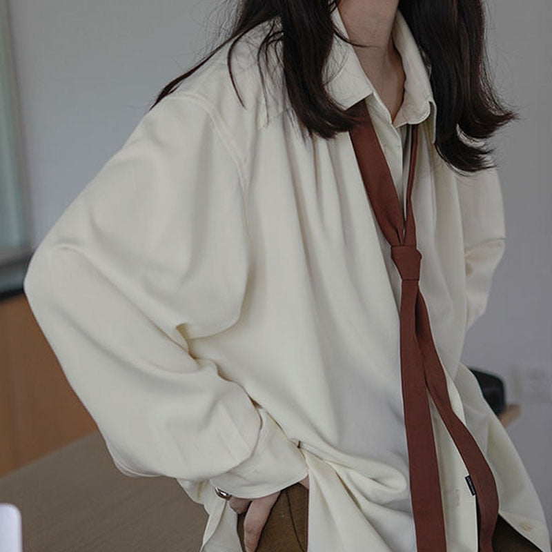 Xakxx - Vintage Women Blouse Oversized Harajuku Chic Basic Korean Style with Tie Long Sleeve Shirt Loose Aesthetic Retro Female