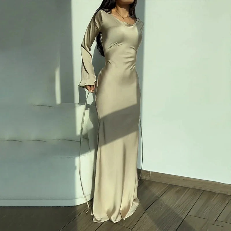 xakxx Women Satin Long Dresses Sexy Lace Up Slim Evening Dresses Simple Round Neck Flare Sleeve Birthday Party Dresses For Women