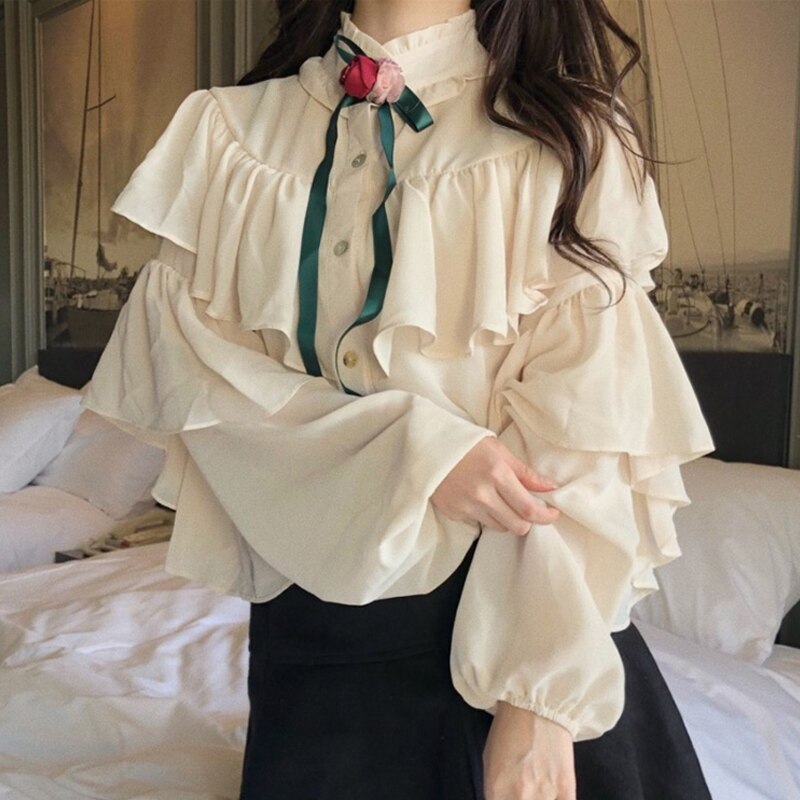 Xakxx - New Women blouse tops White Ruffles Bow Long Sleeve Chiffon Blouse 2023 New Work Wear Office Blusas Femininas ladies shirt 570A