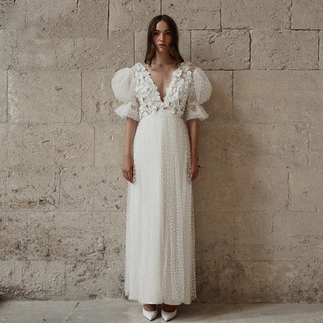 Purpdrank - 2023 Short Wedding Dresses Plunging V-Neck Half Sleeves Pearls Flowers Mini Bride Dresses Sexy Backless Illusion Formal Wedding Gowns