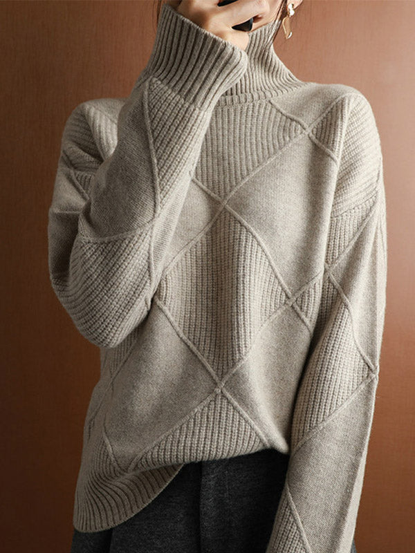 xakxx Casual Loose Solid Color Striped High-Neck Long Sleeves Sweater Tops