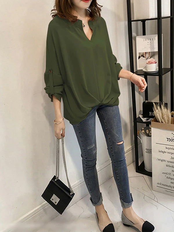 xakxx Casual Long Sleeves Loose Solid Color V-Neck Blouses&Shirts Tops