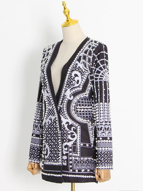 xakxx Original Creation Loose Long Sleeves Beads Printed V-Neck Blazer Outerwear