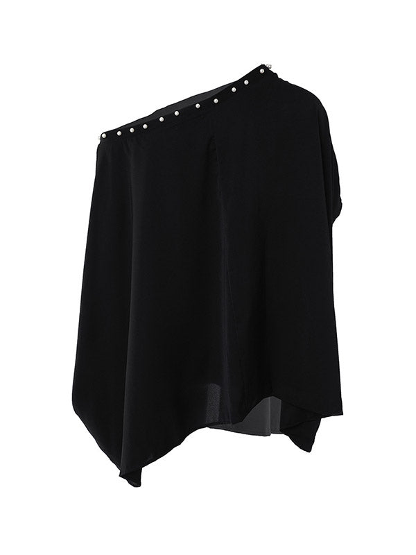 xakxx Loose Raglan Sleeve Beaded One-Shoulder T-Shirts Tops