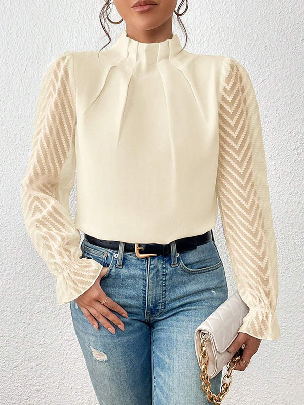 xakxx Long Sleeves Loose Elasticity Mesh Pleated Solid Color Mock Neck Blouses&Shirts Tops
