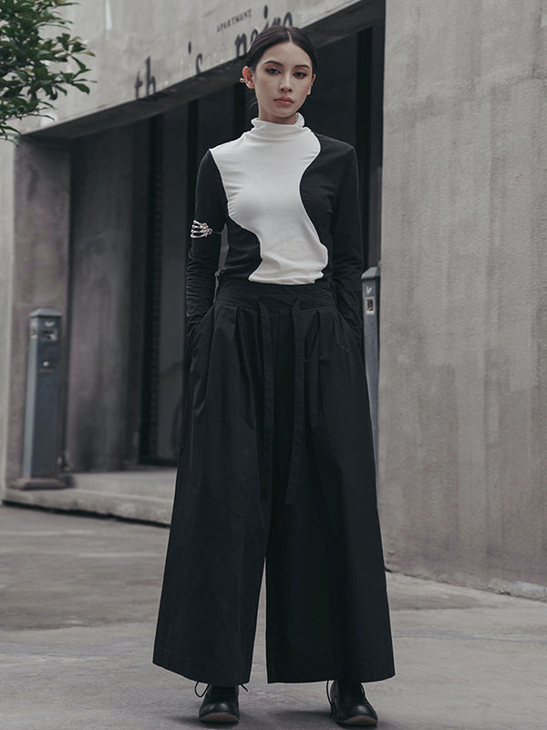 xakxx Urban Skinny Long Sleeves Contrast Color Asymmetric Split-Joint High-Neck T-Shirts Tops