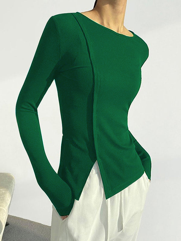 xakxx Skinny Solid Color Split-Joint Split-side Round-neck T-shirts