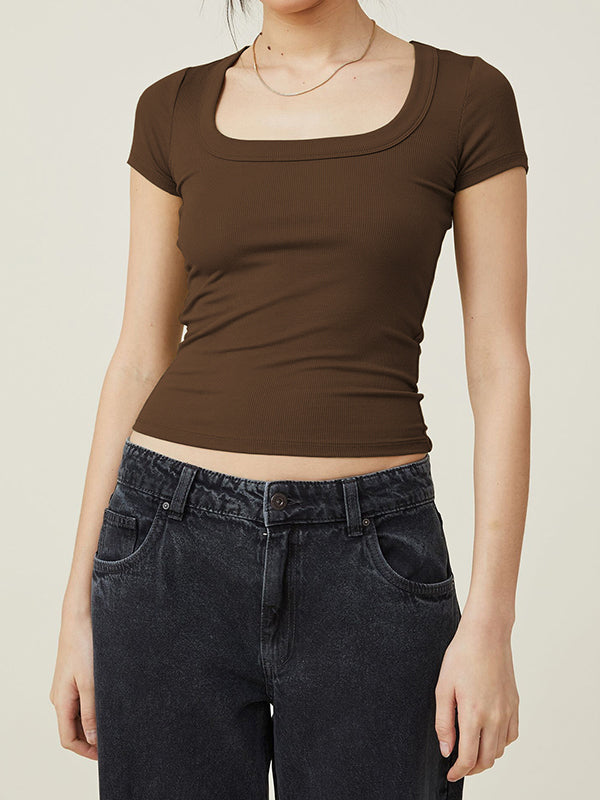 xakxx Short Sleeves Skinny Solid Color Square-Neck T-Shirts Tops