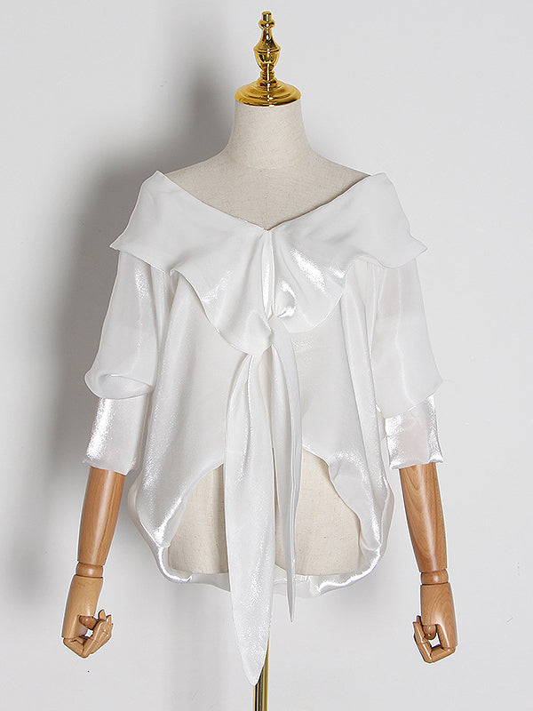 xakxx High-Low Bishop Sleeve Falbala V-Neck Blouses&Shirts Tops