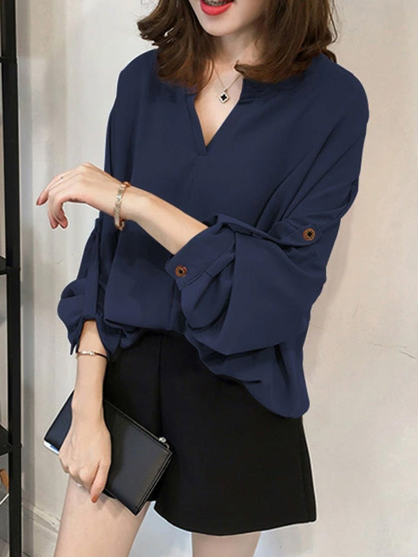 xakxx Casual Long Sleeves Loose Solid Color V-Neck Blouses&Shirts Tops