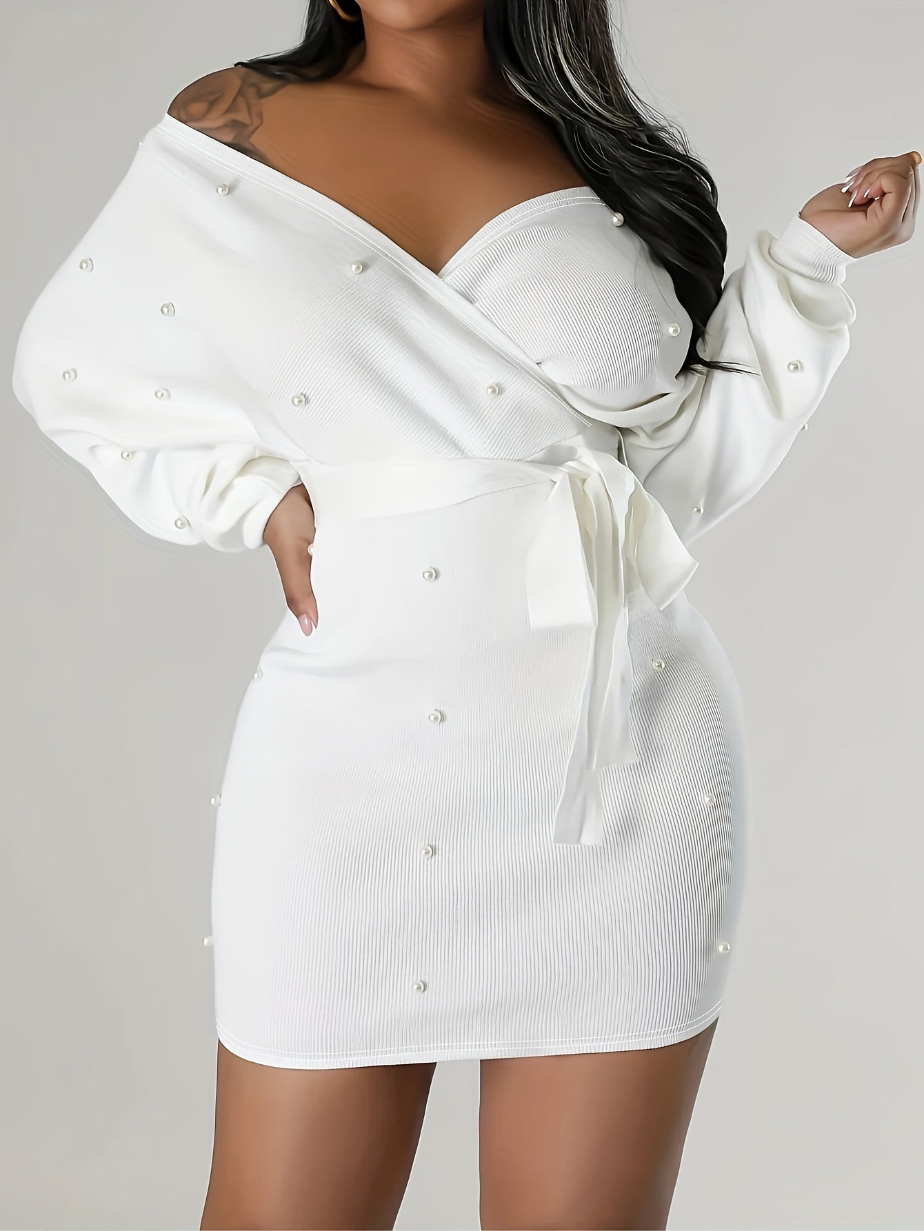 Beaded Bodycon Dress, Casual Long Sleeve Solid Off Shoulder Dress, Women's Clothing