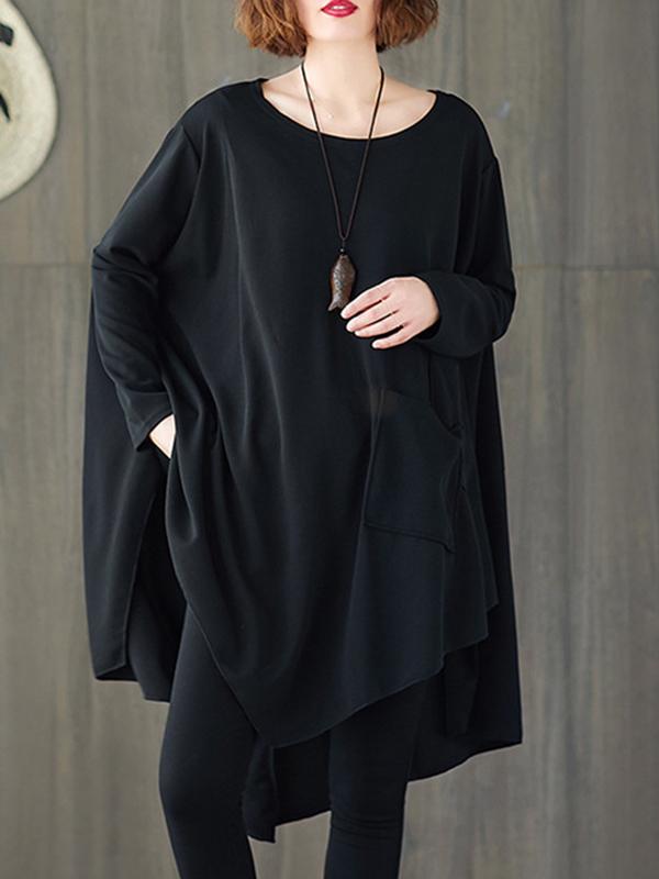 xakxx Loose Black Cropped Solid Long Sleeve T-Shirt