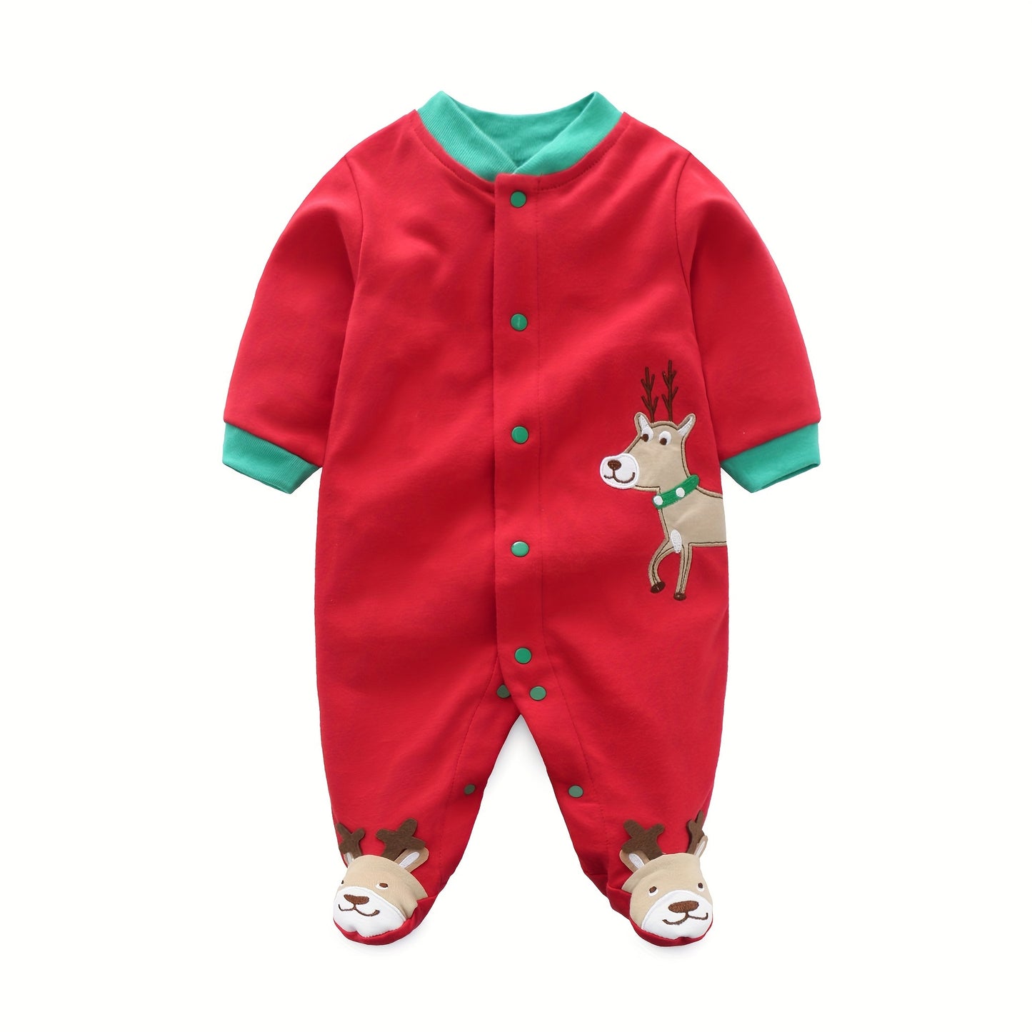Baby's Christmas Style Cartoon Elk Patchwork Cotton Casual Long Sleeve Romper, Toddler & Infant Boy's Comfy Outdoor Clothes