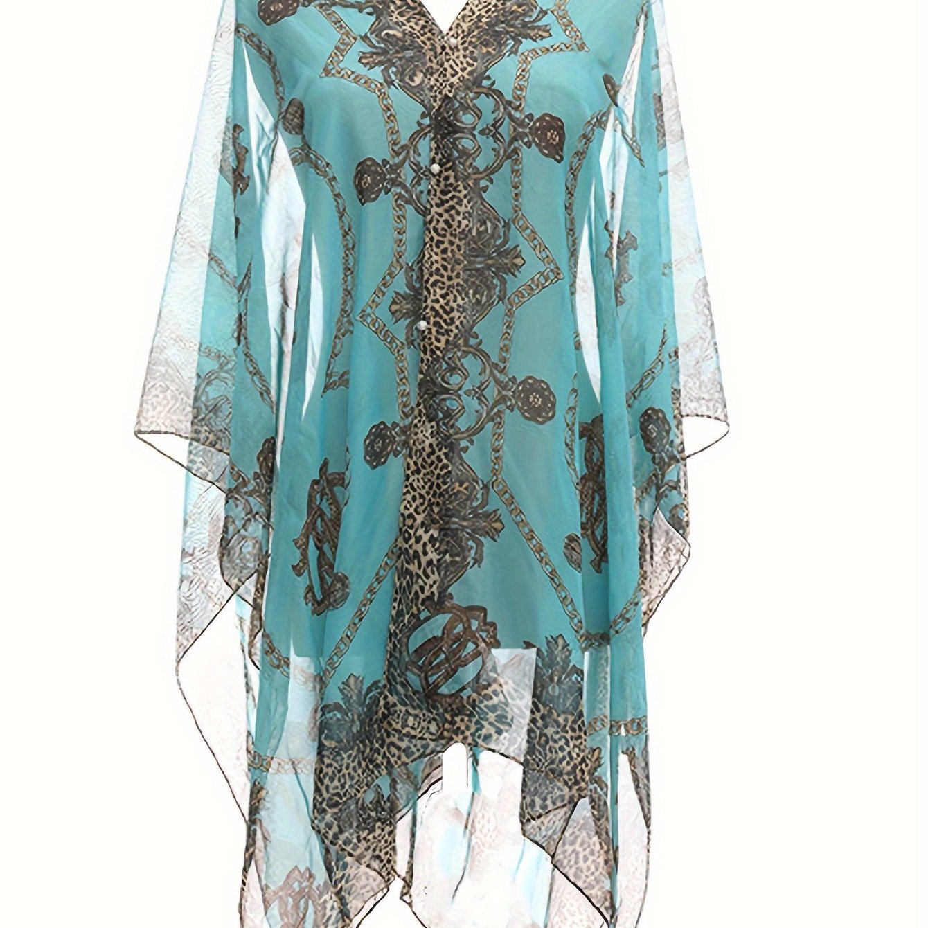 Plus Size Elegant V Neck Shawl Top - Long Sleeve, Semi-Sheer, Positioning Printed, Middle East Style, Woven Polyester Blouse for Spring, Summer, and Fall - Chic Womens Clothing for Curvy Figures